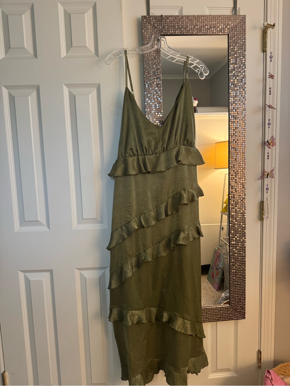 Olive Green Ruffle Midi Slip Dress